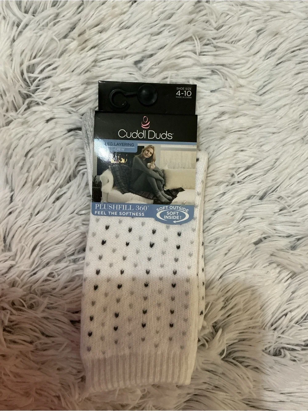 Cuddl Duds Plushfill 360 Leg Layering Crew Socks Ivory Heart Print Size 4-10